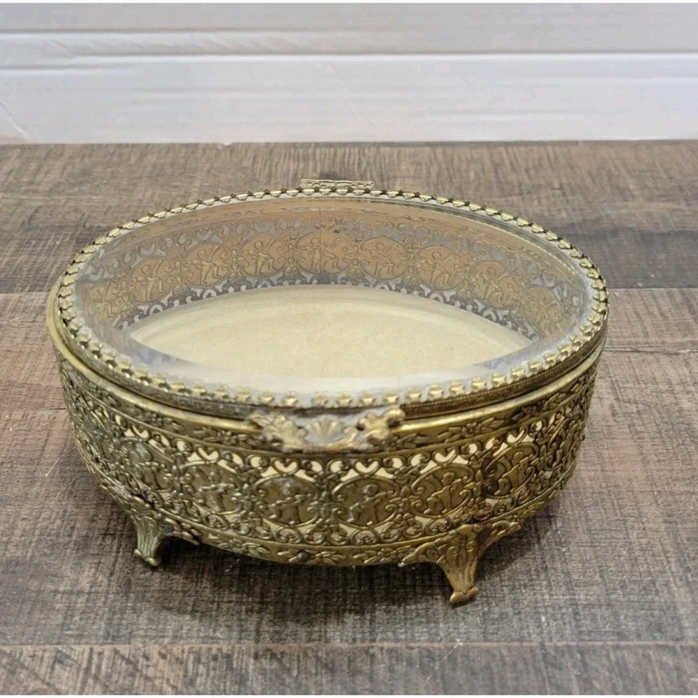 VTG Globe Oval 24kt Gold Plate Filigree Ormolu Jewelry Casket